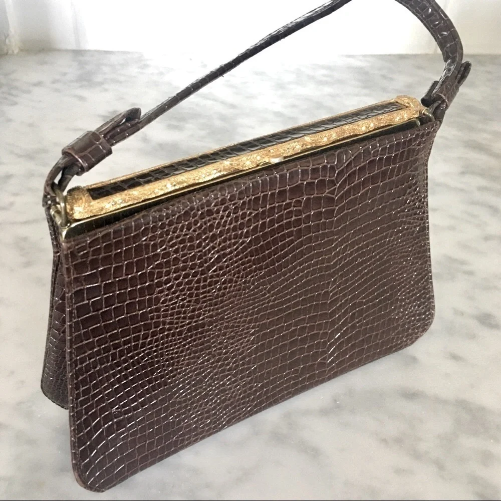 Vintage Handbag Chocolate Brown Croc Pattern with gold tone trim by After Five
